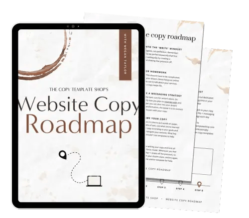 A tablet displays "Website Copy Roadmap" with two printed pages partially visible behind it, featuring text and simple graphic elements in a neutral color scheme.