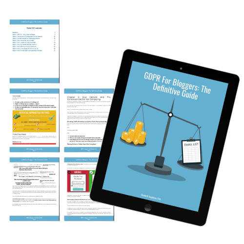 A tablet displaying "GDPR For Bloggers: The Definitive Guide" is shown alongside preview pages of the guide, including the table of contents and sample content.