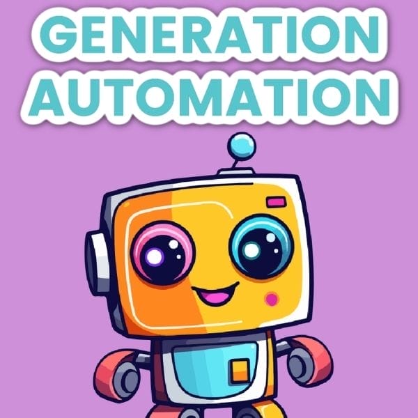 Cartoon robot with a smiling face stands below the text "Generation Automation" on a purple background.