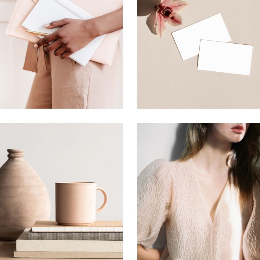 A collage of four images: a person holding notebooks, two blank business cards near a flower, a mug on stacked books beside a vase, and a person in a textured light blouse.
