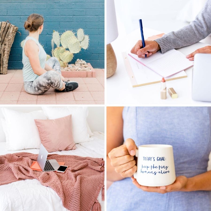 A woman sits near a cactus, a person writes in a notebook at a desk, a laptop rests on a bed, and someone holds a mug reading “Today’s goal: keep the tiny humans alive.”.