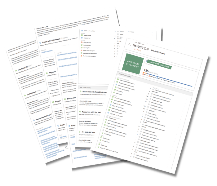Five printed website audit reports are spread out, showing lists, checklists, progress indicators, and a homepage screenshot with a performance score.