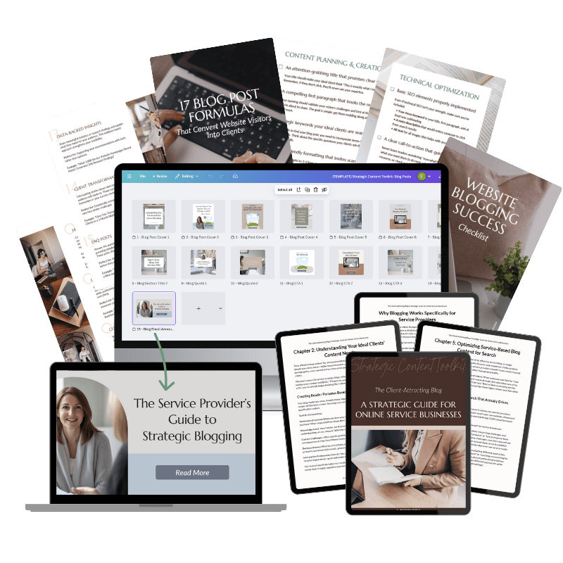 A collection of digital and printed blogging guides and worksheets displayed with a laptop and two tablets showing blog strategy resources.