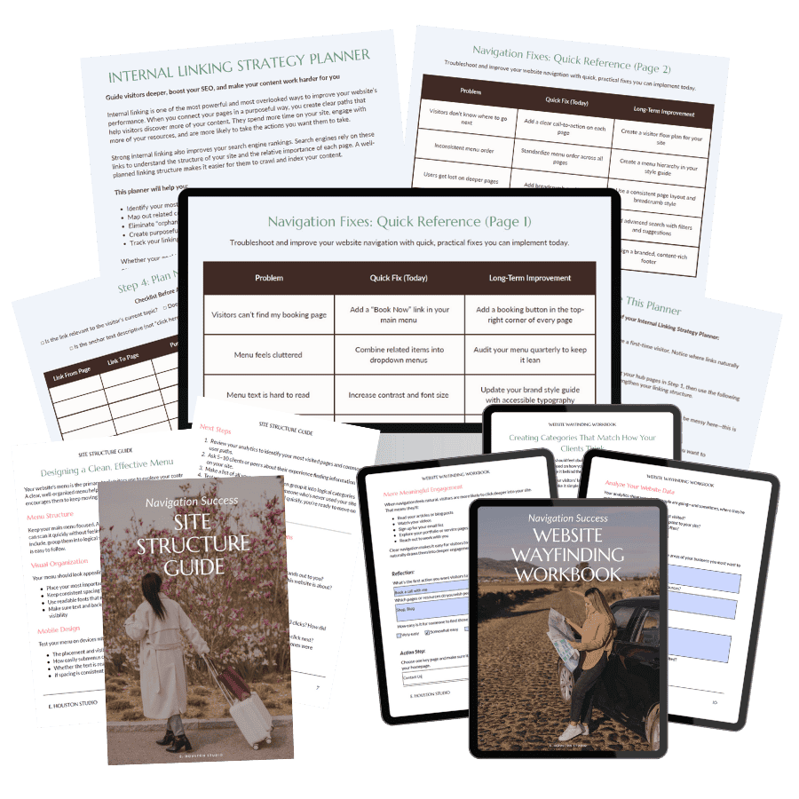A collection of printed and digital resources including worksheets, guides, and workbooks for website navigation, internal linking, and site structure strategies, arranged on a white background.