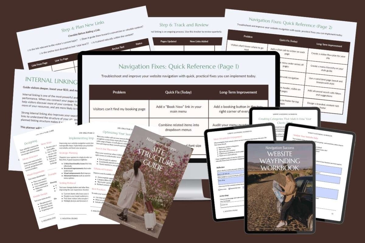 A computer monitor surrounded by printed pages, a tablet, a phone, and two booklets displaying website navigation best practices guides and structure worksheets.