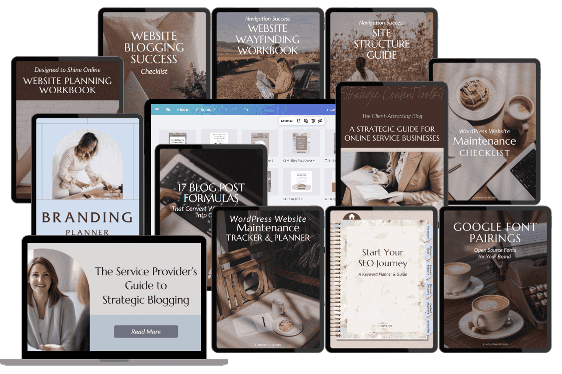 A collection of digital guides and planners for website blogging, planning, branding, SEO, content creation, and site management displayed on tablet screens.