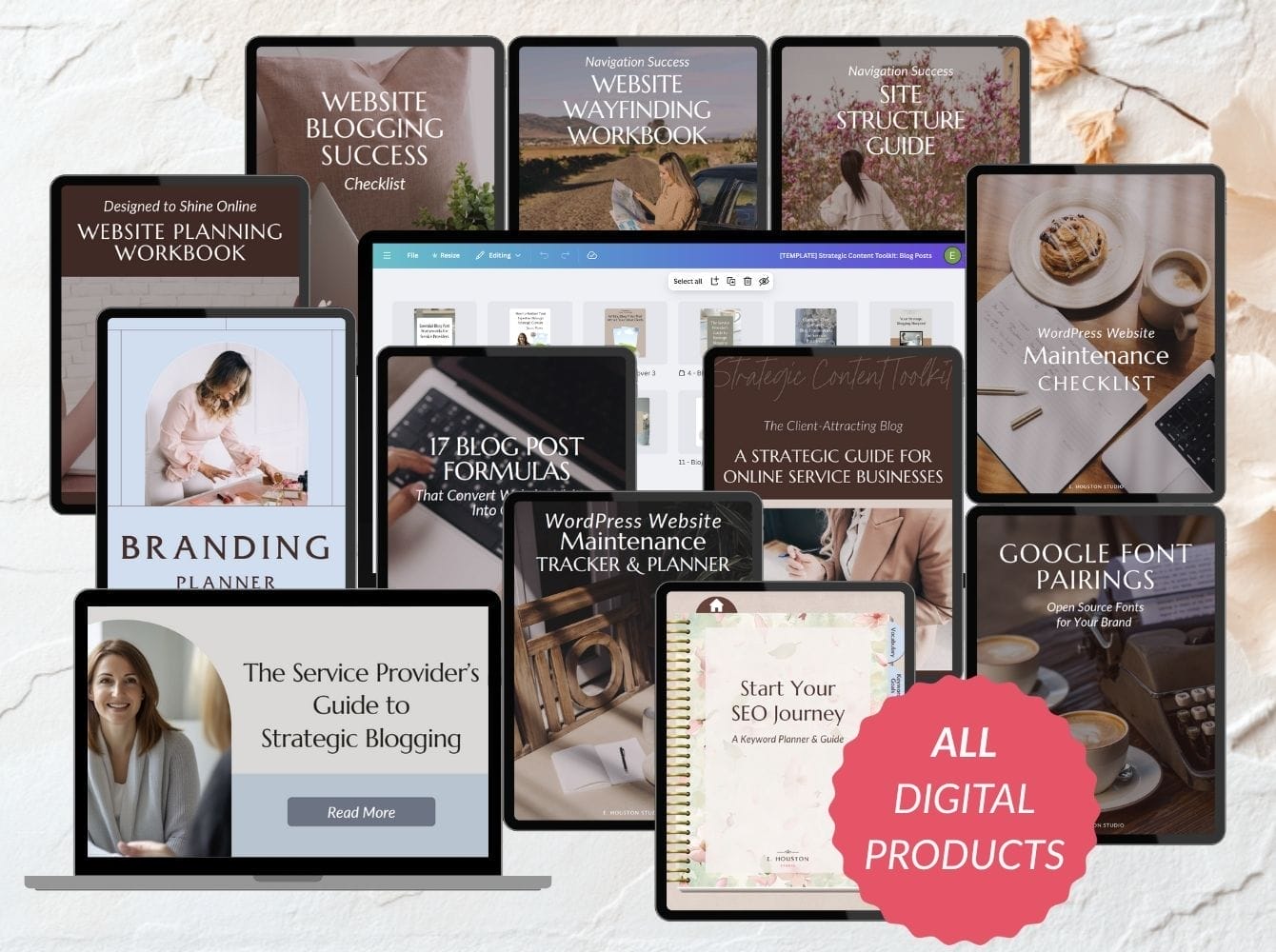A collection of digital products for website planning, blogging, SEO, branding and website tools, and maintenance displayed on tablets, laptops, and phones. A pink badge says "ALL DIGITAL PRODUCTS.