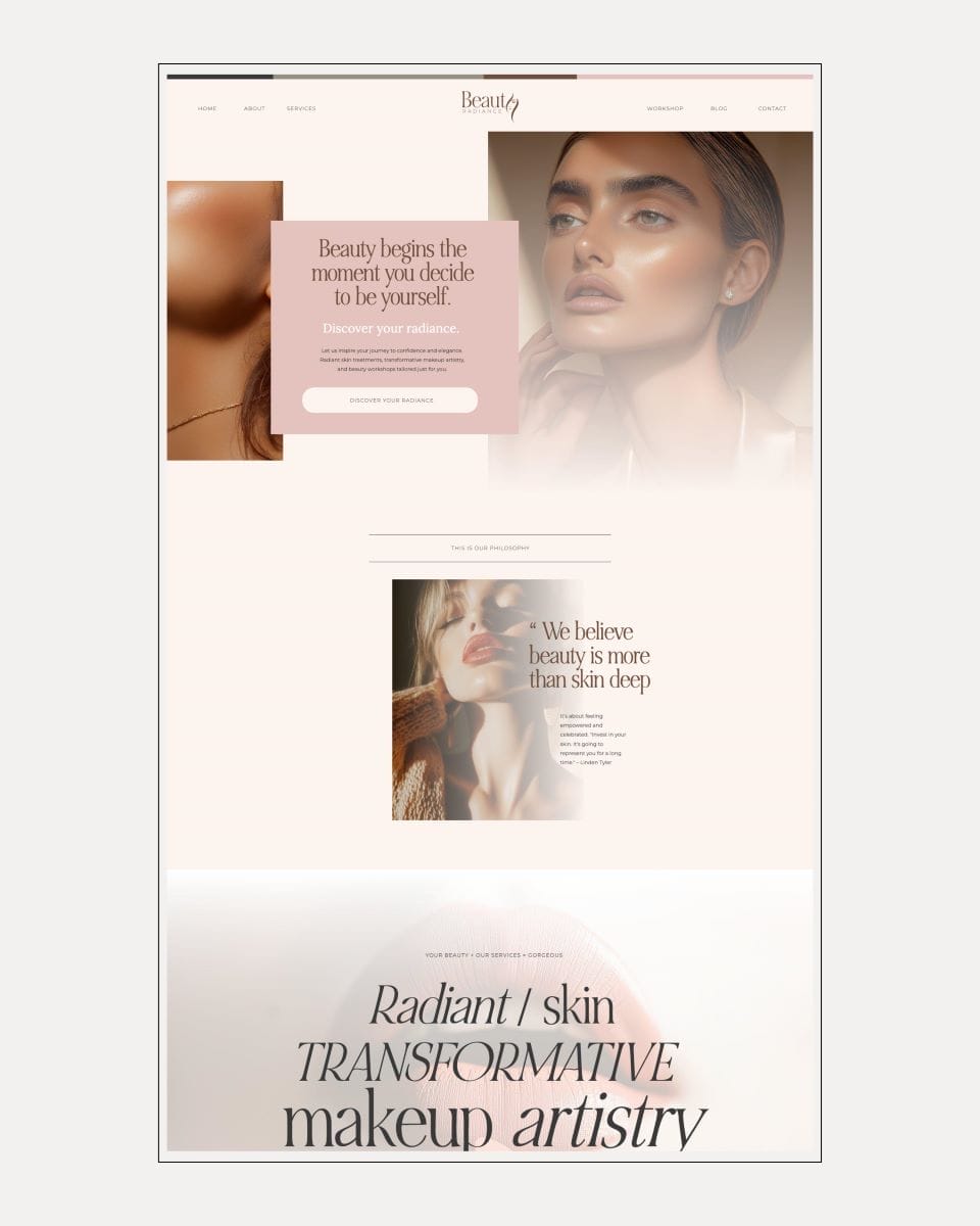 A beauty website homepage featuring close-up images of women with makeup, promotional text about beauty and authenticity, and a button to discover radiance.