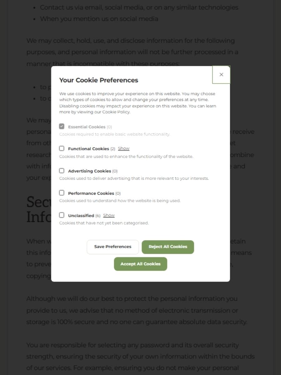 A website cookie preferences pop-up appears over a privacy policy page, displaying options to allow or reject different cookie types.