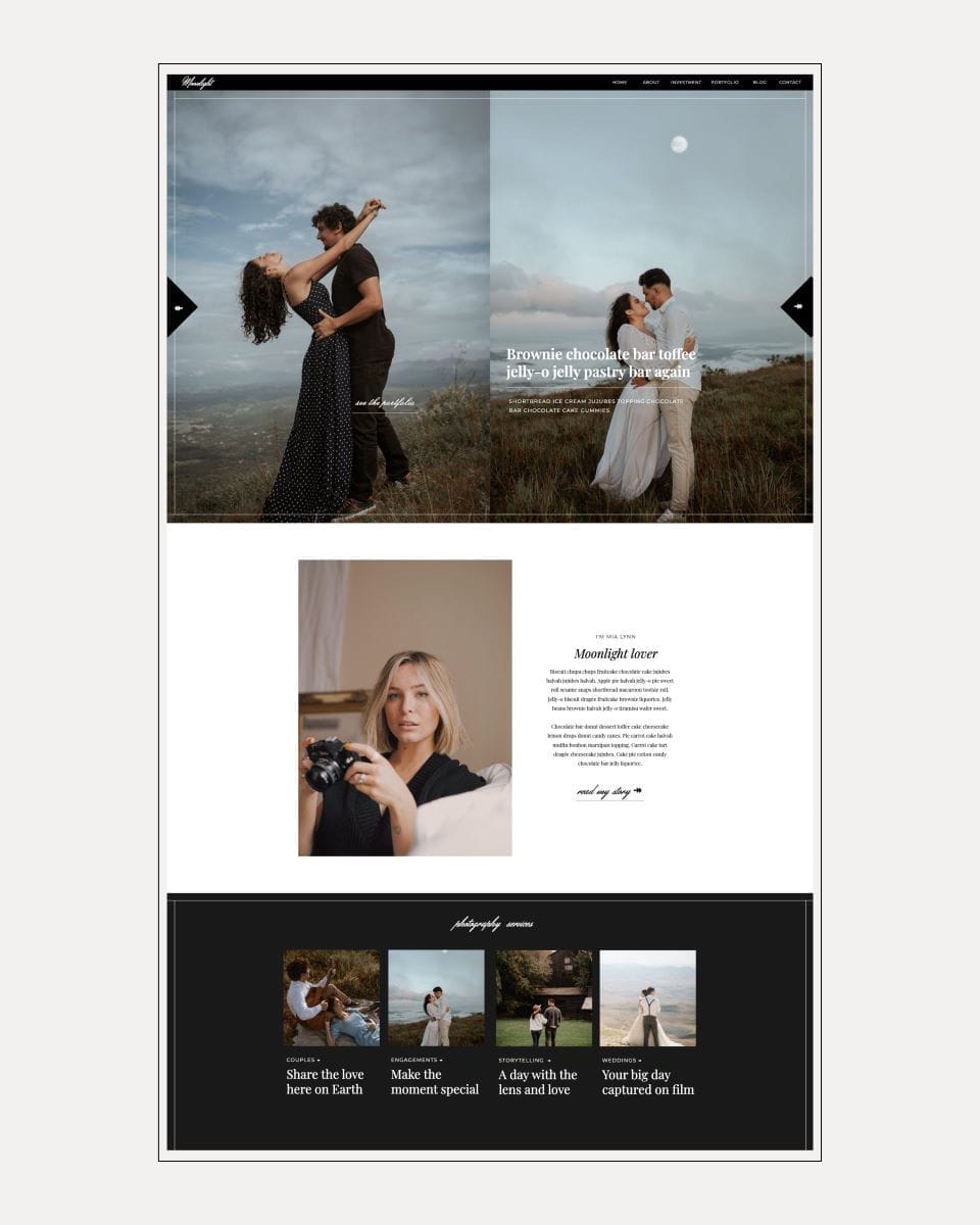 A website layout displays romantic couple photos, a portrait of a woman with a camera, and sections highlighting photography services and themed photo shoots.