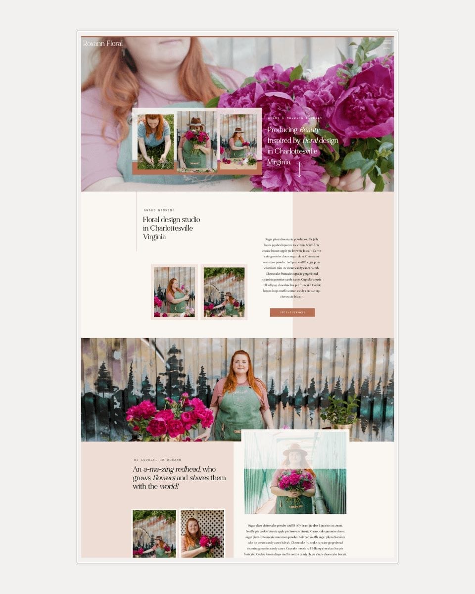 Screenshot of a website for a floral design studio featuring a woman holding a bouquet of pink flowers, floral arrangements, and text about the studio's services in Charlottesville, Virginia.