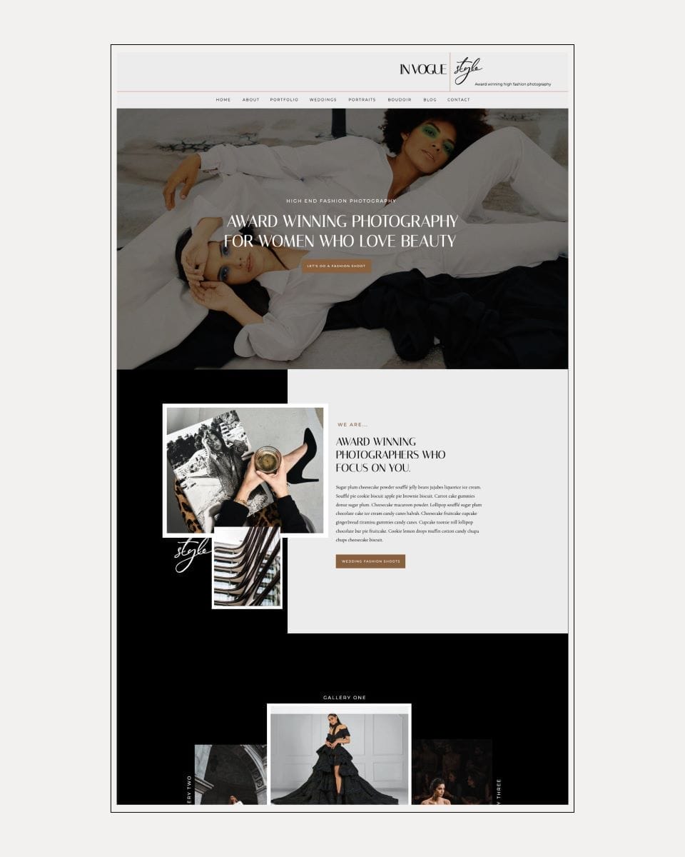 Screenshot of a photography website homepage featuring a banner with two women posing, a headline about award-winning photography, a photographer introduction, and a gallery preview.