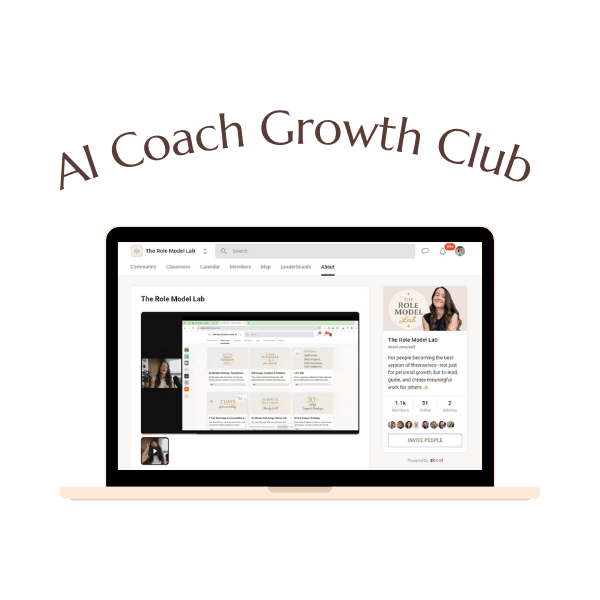 A laptop displays a website for "The Role Model Lab" with the text "AI Coach Growth Club" above it, highlighting some of the best tools for online business success.
