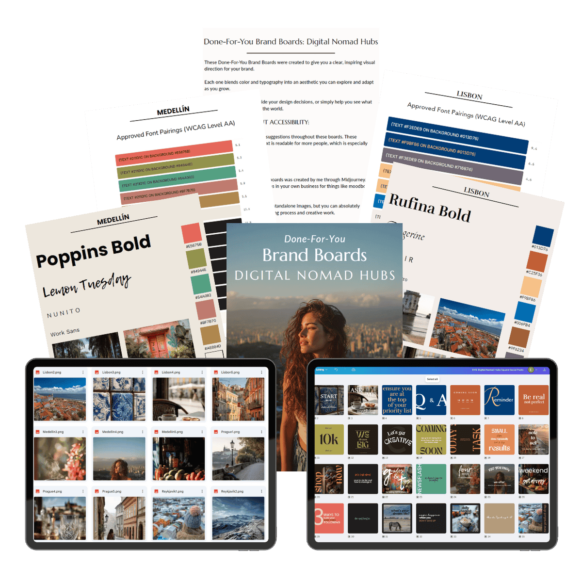 A digital toolkit display showing font pairing guides, color palettes, branding boards, and two tablets with various style templates for creating brand visuals.