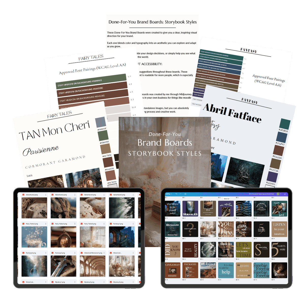 Array of branding materials titled "Done-for-You Brand Boards: Storybook Styles," including color palettes, fonts, fantasy themes, and two tablets displaying mood board designs.