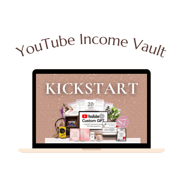 A laptop displays promotional materials for "YouTube Income Vault Kickstart," featuring various online courses, digital products, and the best tools for online business.
