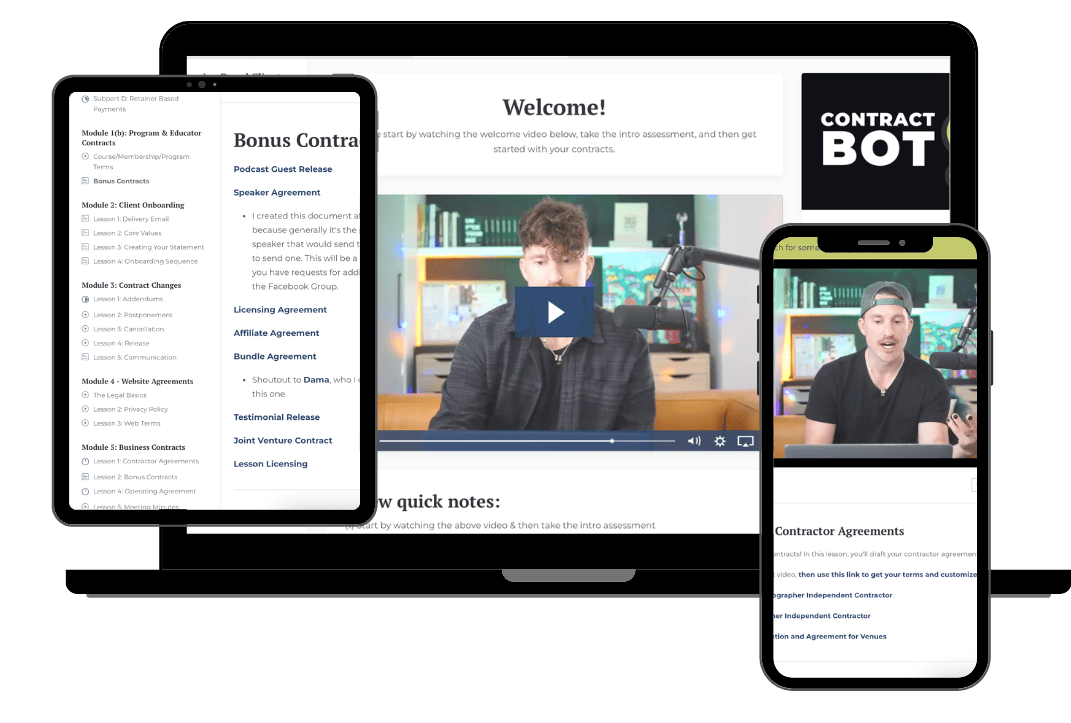 Three devices display an online contract management platform with video tutorials, agreement templates, and navigation menus labeled "Contract Bot.