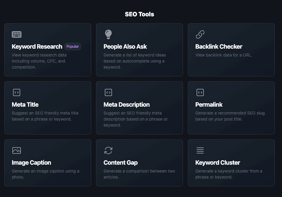 A dark-themed dashboard displays nine SEO tool options, including Keyword Research, Backlink Checker, Meta Title, Image Caption, and others, each with a brief description.