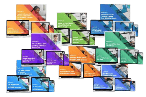 A collection of laptops and tablets displaying various colorful online course covers with business, marketing, and financial topics.