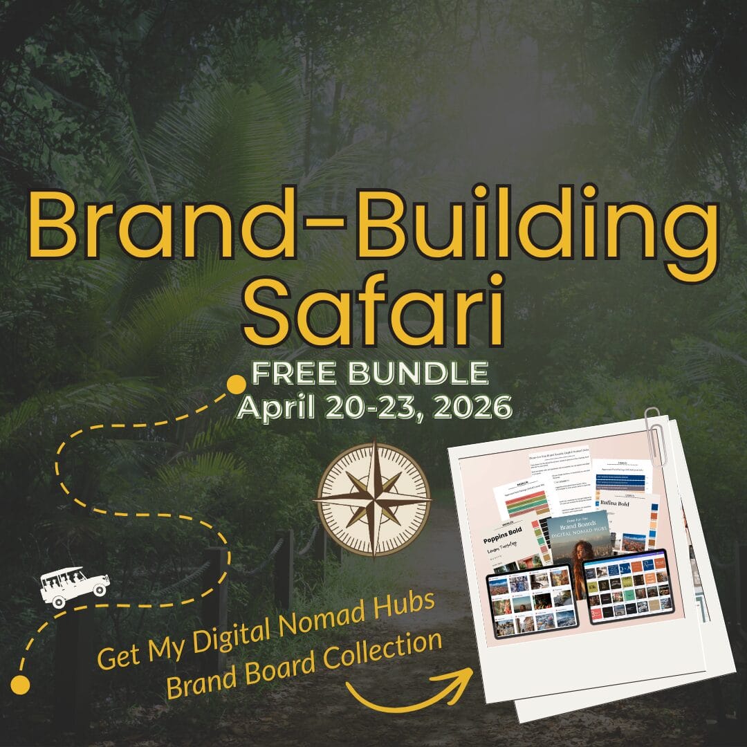 Promotional graphic for "Brand-Building Safari Free Bundle," April 20-23, 2026, with a forest background, compass, jeep, digital product images, and website help for your business adventure.