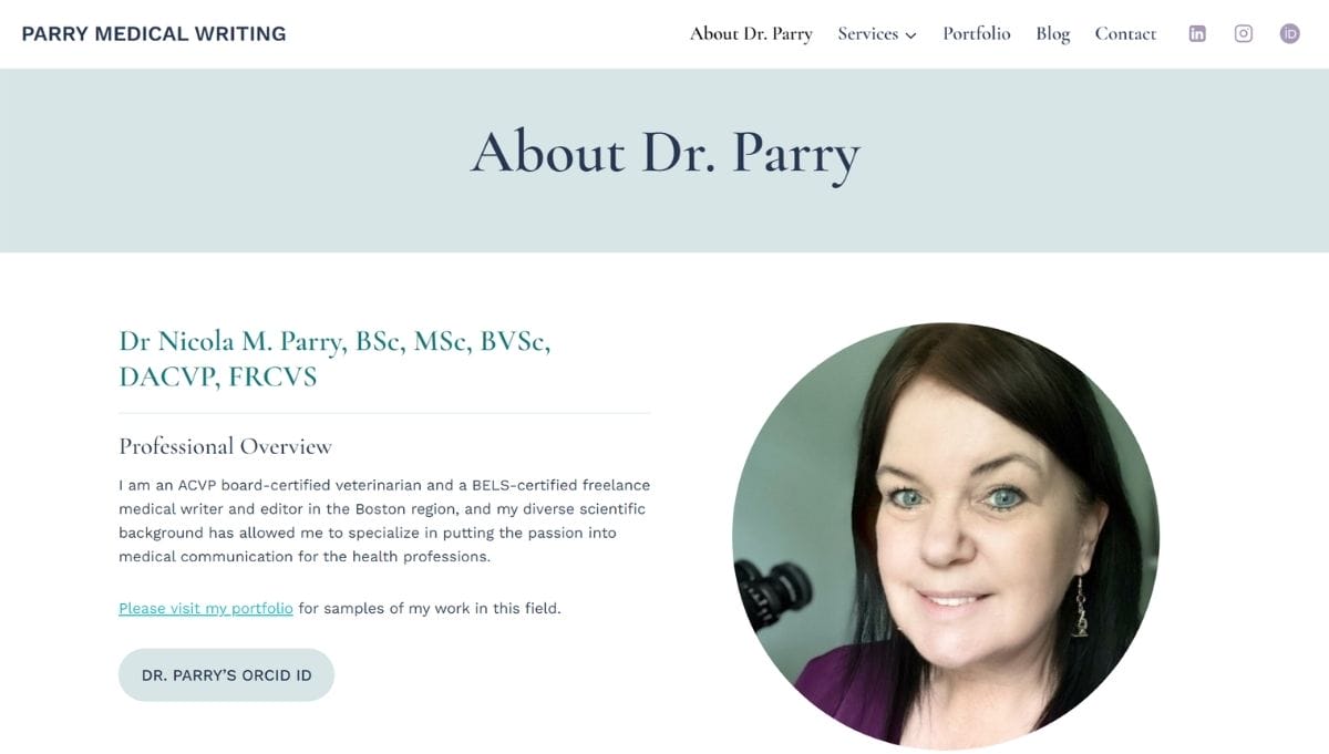 Screenshot of a website profile for Dr. Nicola M. Parry, featuring her photo, credentials, and a professional overview of her expertise in veterinary and medical writing.