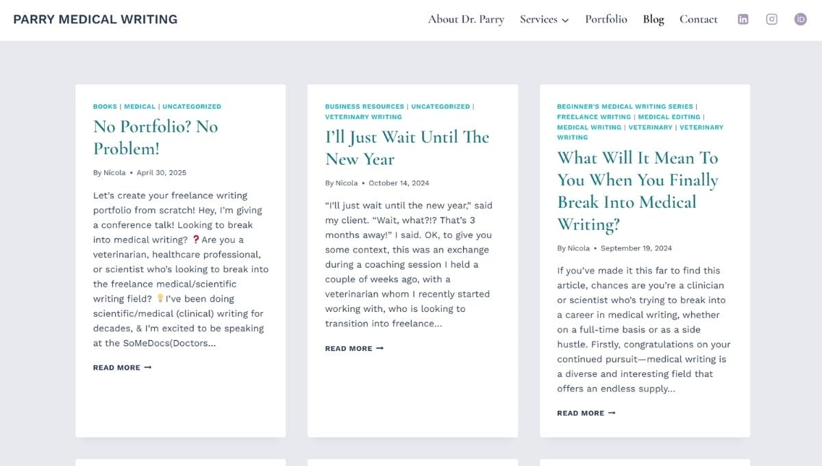 Screenshot of a blog page on Parry Medical Writing, displaying three article previews with titles and excerpts about freelance writing in the medical field.
