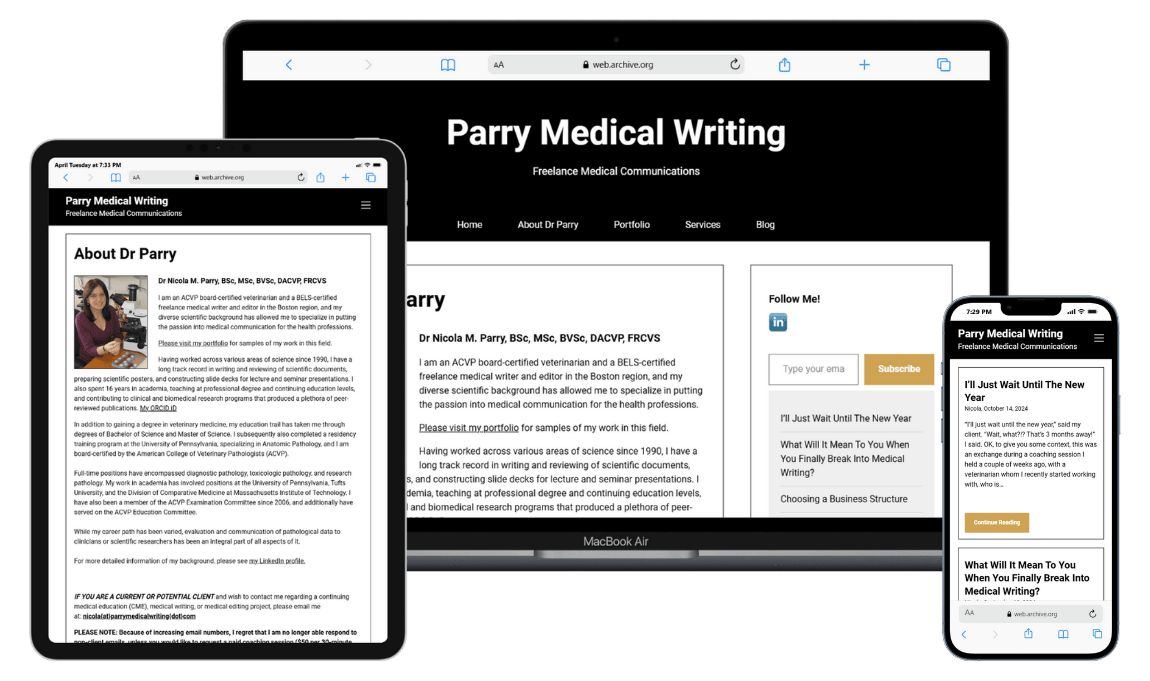 A tablet and laptop display the Parry Medical Writing website homepage and About page, featuring information about Dr. Parry’s freelance medical writing services.