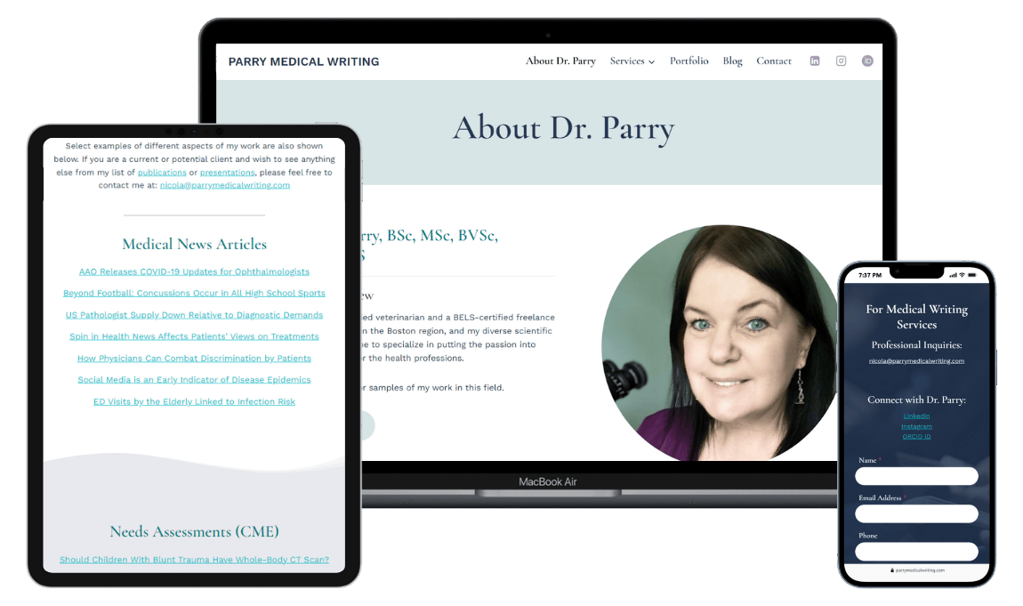 Screenshot showing a medical writing website displayed on a laptop, tablet, and smartphone, featuring professional content, contact form, and a portrait of a woman labeled Dr. Parry.
