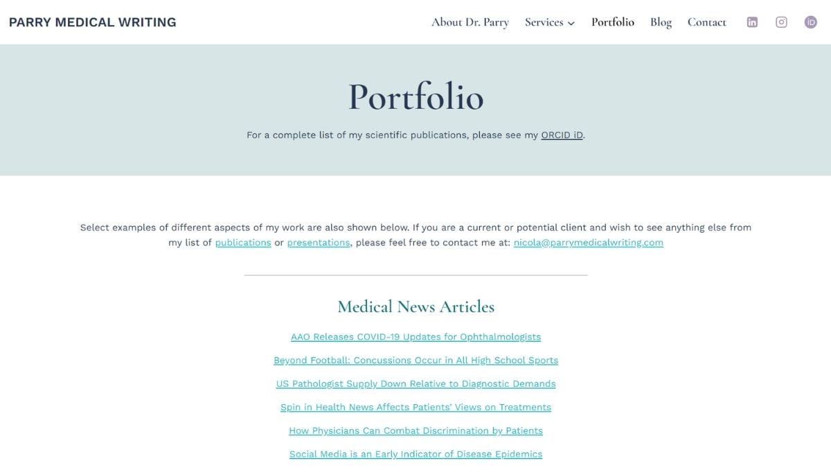 Screenshot of a medical writing portfolio webpage listing publication links, medical news articles, and contact information for further inquiries.