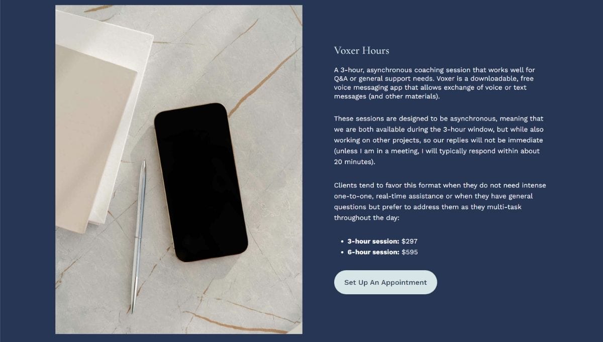 A smartphone, pen, and white notepad are placed on a marble surface next to a text box describing coaching session options and pricing on a blue background.