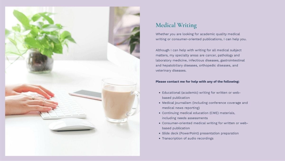 A person types on a white keyboard at a desk with a notepad, pen, and glass mug; text on the right offers medical writing services and lists areas of expertise.