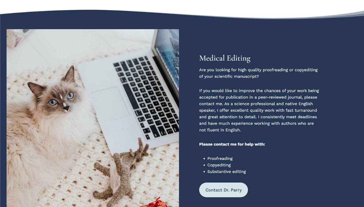 A fluffy cat lies on a white rug next to a laptop and a toy. Text on a blue background offers medical editing services and contact details for Dr. Parry.