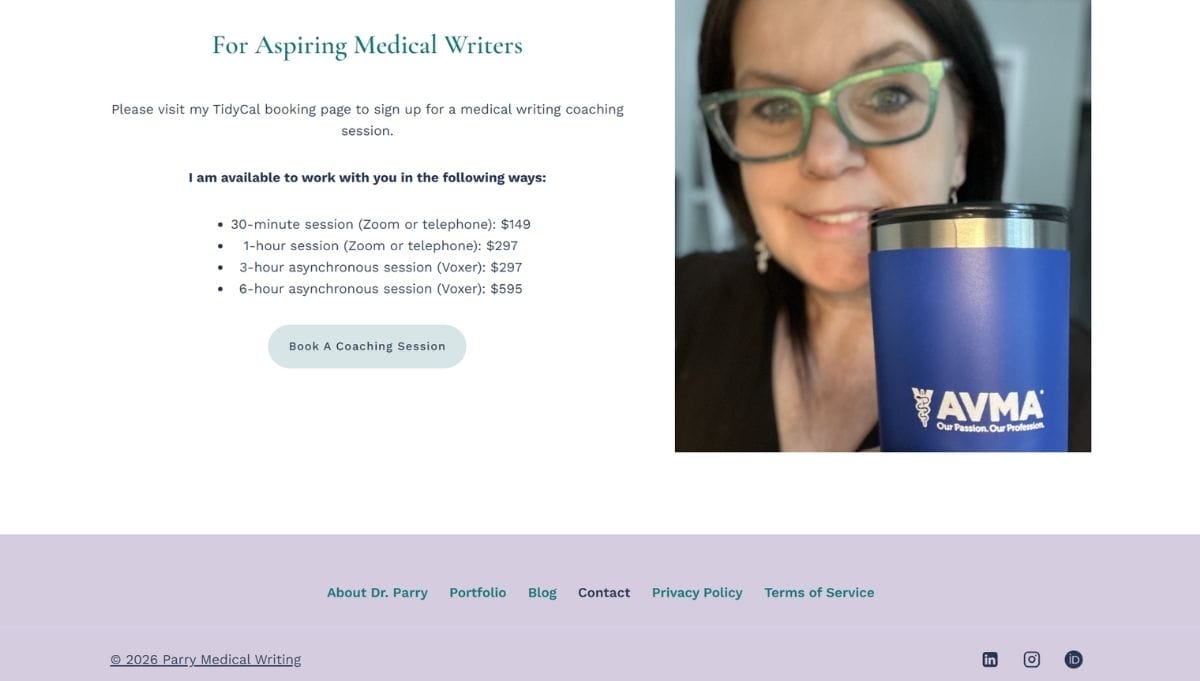 Screenshot of a medical writing coaching website showing session rates and a photo of a woman holding a blue AVMA travel mug.