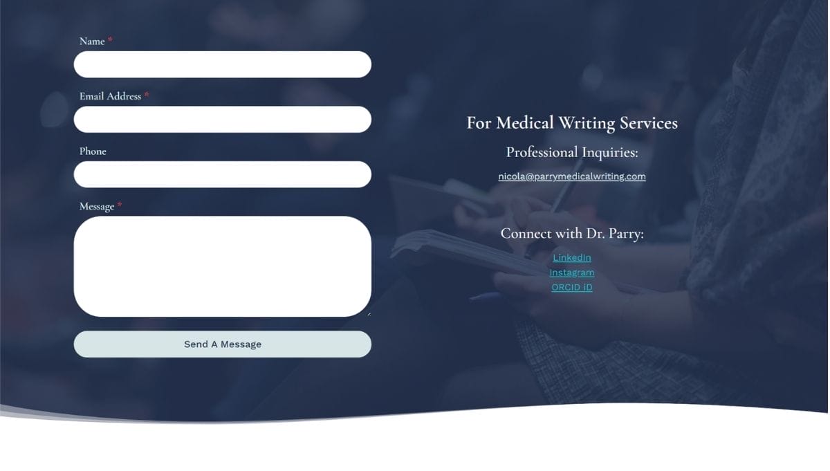 Contact form for medical writing services with fields for name, email, phone, and message; includes professional inquiry info and social links for Dr. Parry on a blue background.