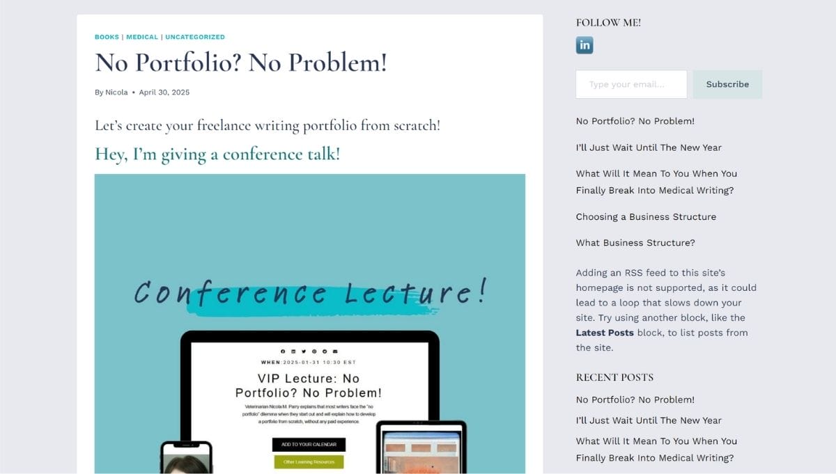 Screenshot of a blog post titled "No Portfolio? No Problem!" offering advice on creating a freelance writing portfolio, with a featured image of digital devices displaying a lecture.