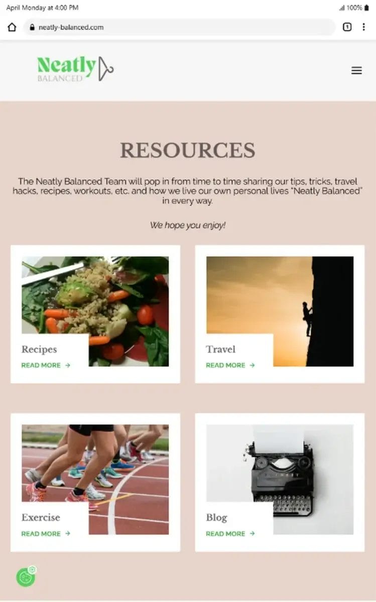 Screenshot of a website's resources page with four sections: Recipes, Travel, Exercise, and Blog, each illustrated with a relevant photo and a "Read More" link below.
