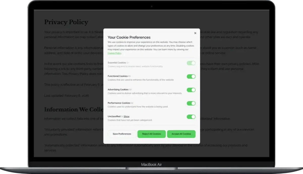 A MacBook Air screen displays a website's cookie preferences popup, with toggles for different cookie types and options to save, reject, or accept all cookies.