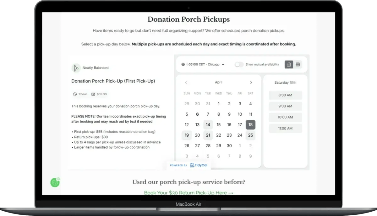 Laptop screen displaying a "Donation Porch Pickups" booking page with a TidyCal scheduling calendar showing April dates and available time slots.