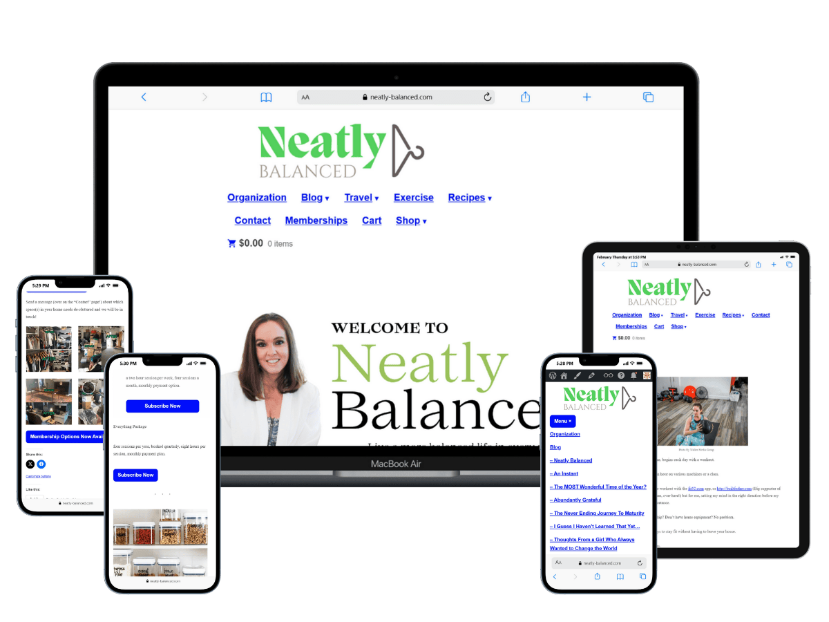 A website named Neatly Balanced is displayed on a laptop and four smartphones, showcasing its homepage and various pages with sections for organization, exercise, blog, and recipes.