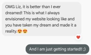 A message praises Liz for making a dream website a reality, with heart-eye emojis, and Liz replies, "And I am just getting started!! ;).