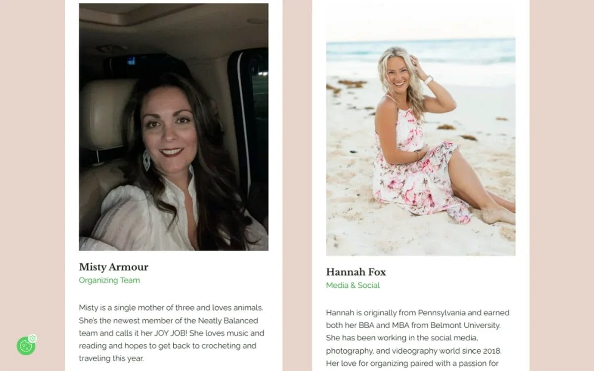 Side-by-side profiles of two women, Misty Armour and Hannah Fox, each with a photo and brief biography describing their backgrounds and roles.