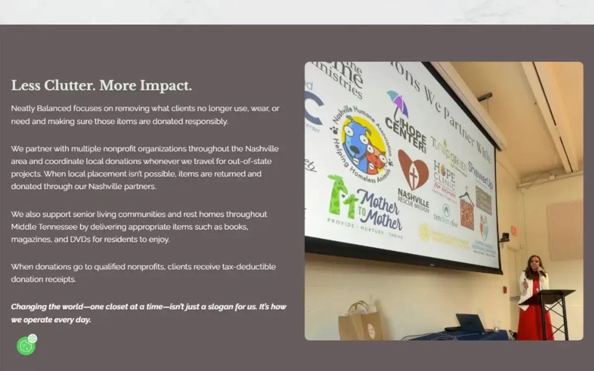 A woman stands at a podium presenting to an audience; a large screen behind her displays logos of various nonprofit organizations.