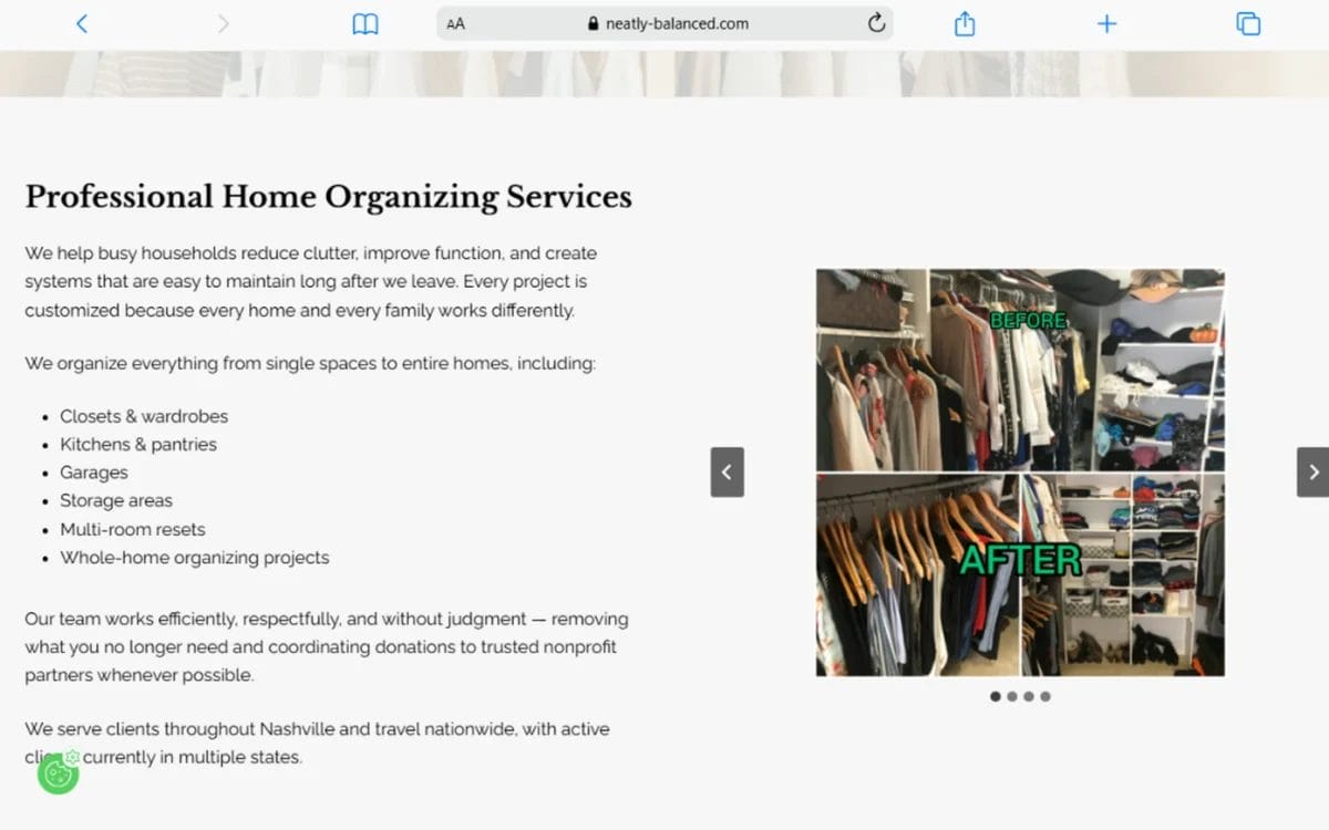 Screenshot of a website for professional home organizing services, showing a before-and-after closet photo and a description of offered services such as kitchens, closets, and garages.
