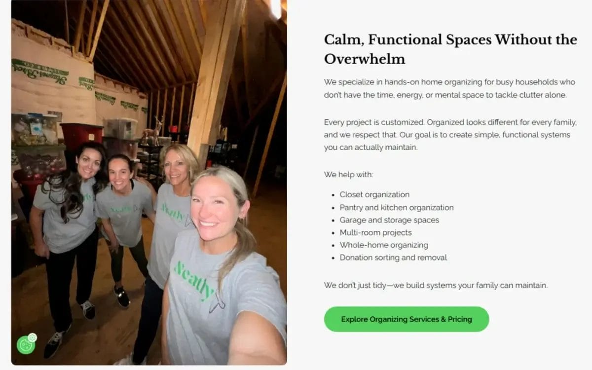 Four women in matching t-shirts stand smiling in an unfinished attic, next to a text panel detailing home organizing services and a green button to explore services and pricing.
