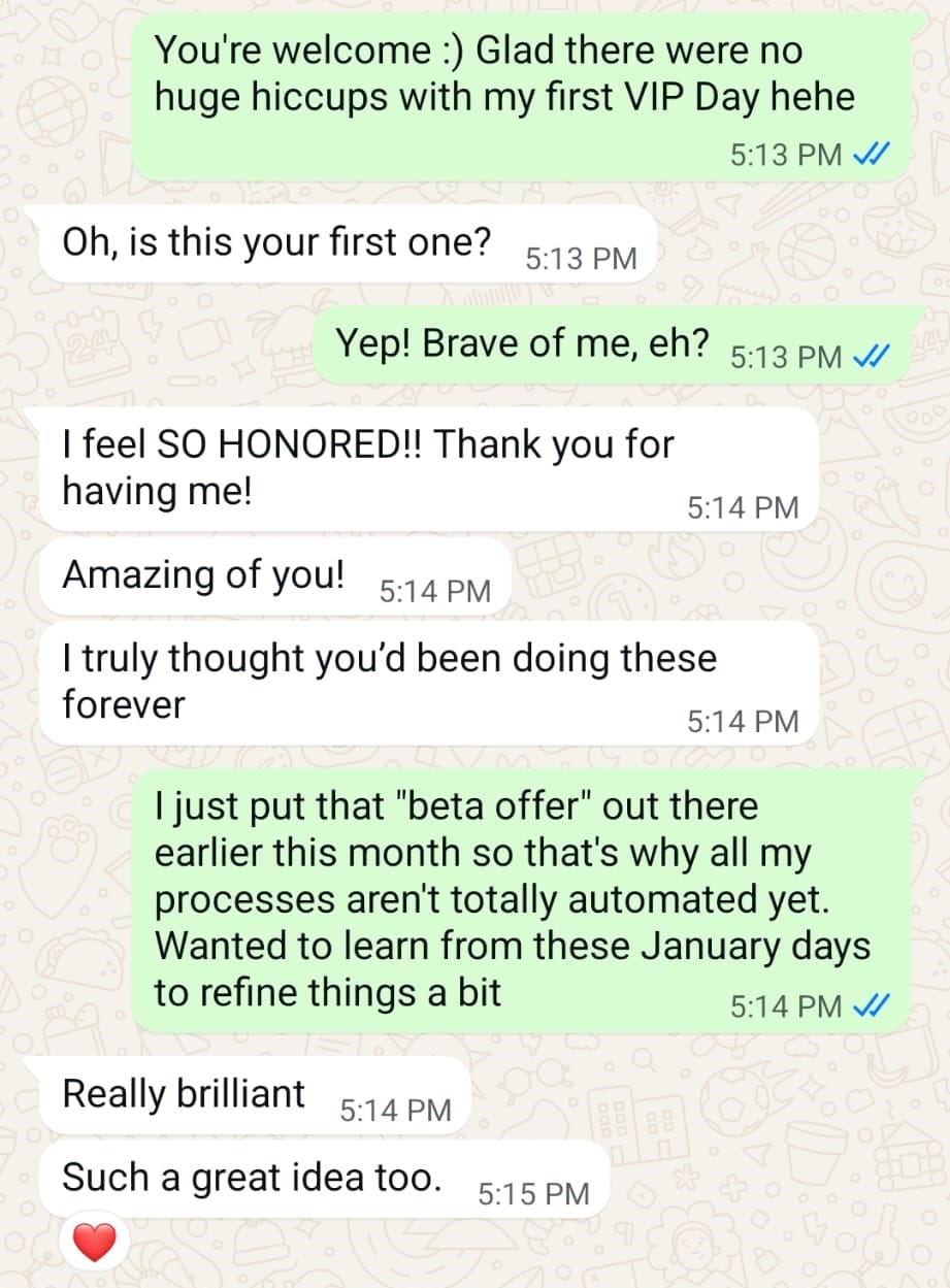 A WhatsApp chat discussing a successful VIP Day, the process of refining "beta offer" sessions, and expressing appreciation and enthusiasm with a heart emoji.